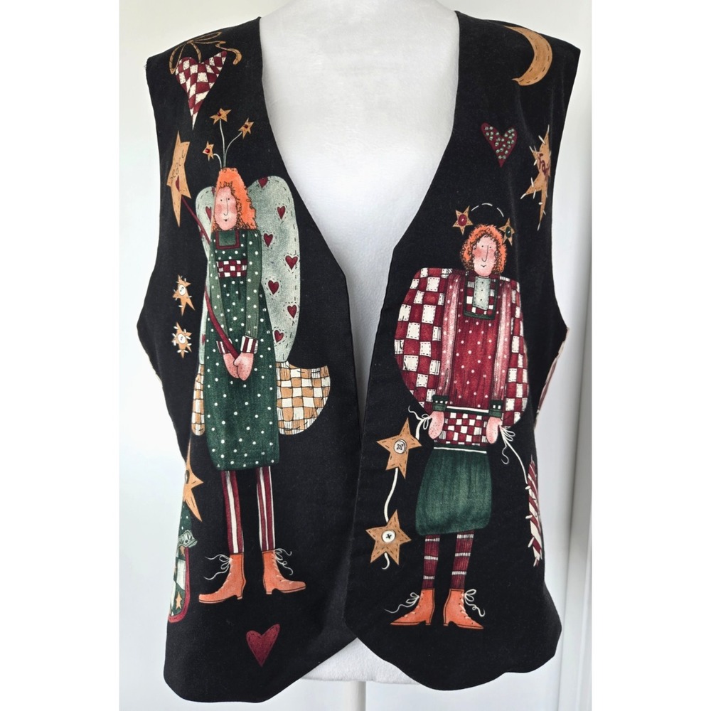 Fall Festive Handmade V Neck Vest Cotton Beige Burgundy Brown Star Angel Sz L